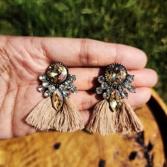 Boheme Jewelry - Mini Crystal Tassel Earrings Resin Silk Bohemian Brown Vintage Style Jewelry